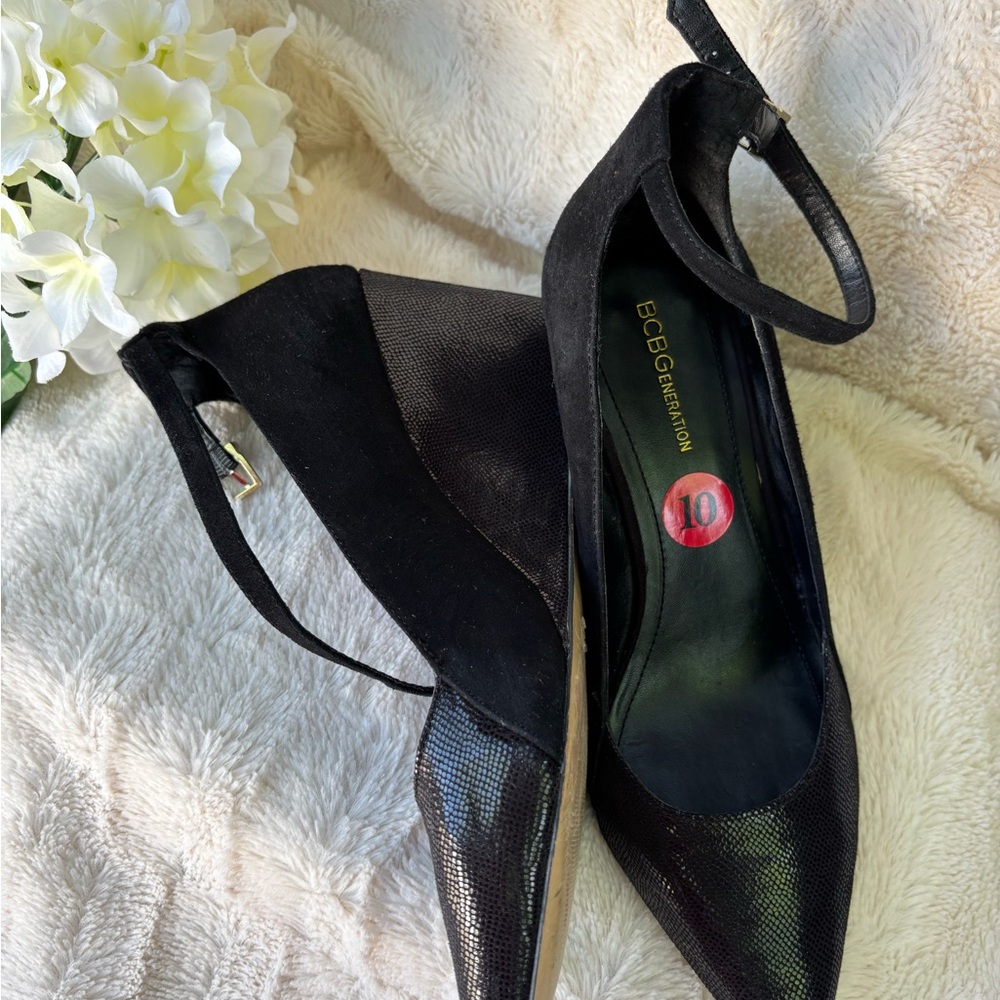 BCBGeneration Black Ankle-Strap Wedge Pumps size 10